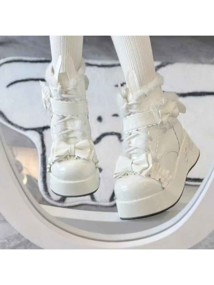 Original Cute Bunny Tail Lolita Snow Boots Women Fur Lined Thick Sole Sweet Warm Winter Cotton Boots