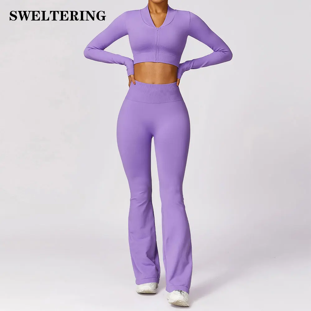 Conjunto de ioga sem costura para mulheres, terno esportivo, roupas de treino, manga comprida, top de ginástica, leggings de cintura alta, roupas esportivas, 2 peças