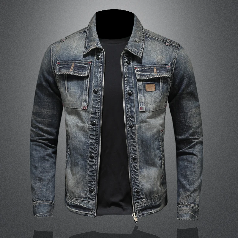 

Retro Slim Fit Men's Denim Jaet Casual Sle Collared Biker Coat Trendy American Sle Youth Cotton Long Sve Coat