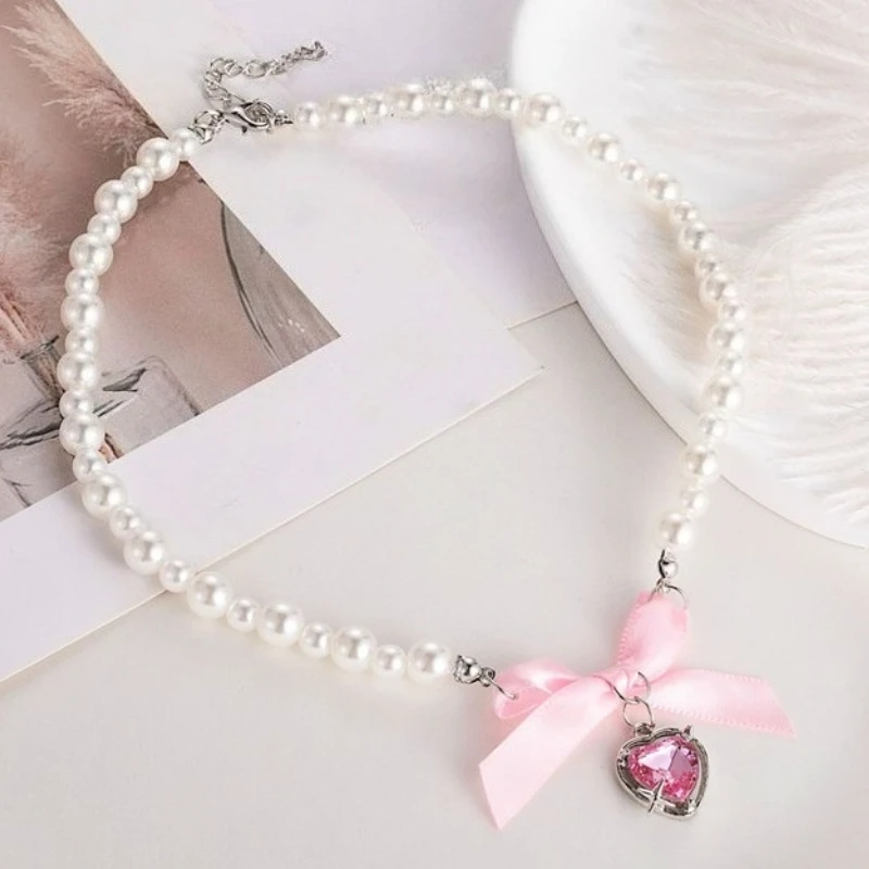 القوس الحب الصليب تقليد اللؤلؤ قلادة قلادة للنساء الفرنسية رومانسية الحلو لوليتا سلسلة الترقوة Harajuku Y2K مجوهرات هدايا #4