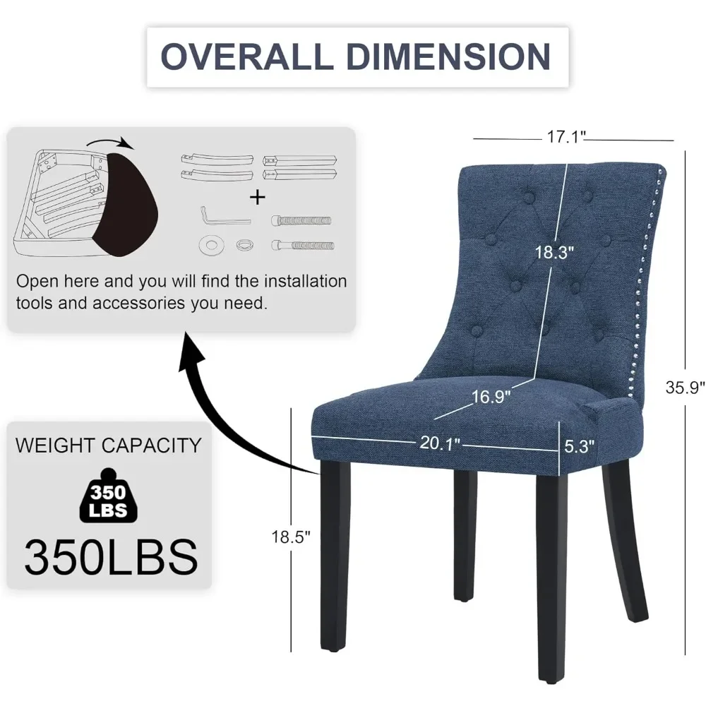 

Upholstered Tufted Dining Chairs Set of 4, Fabric Side Dining Room Chairs with Nailhead Back Ring Pull Trim Solid Wood Legs