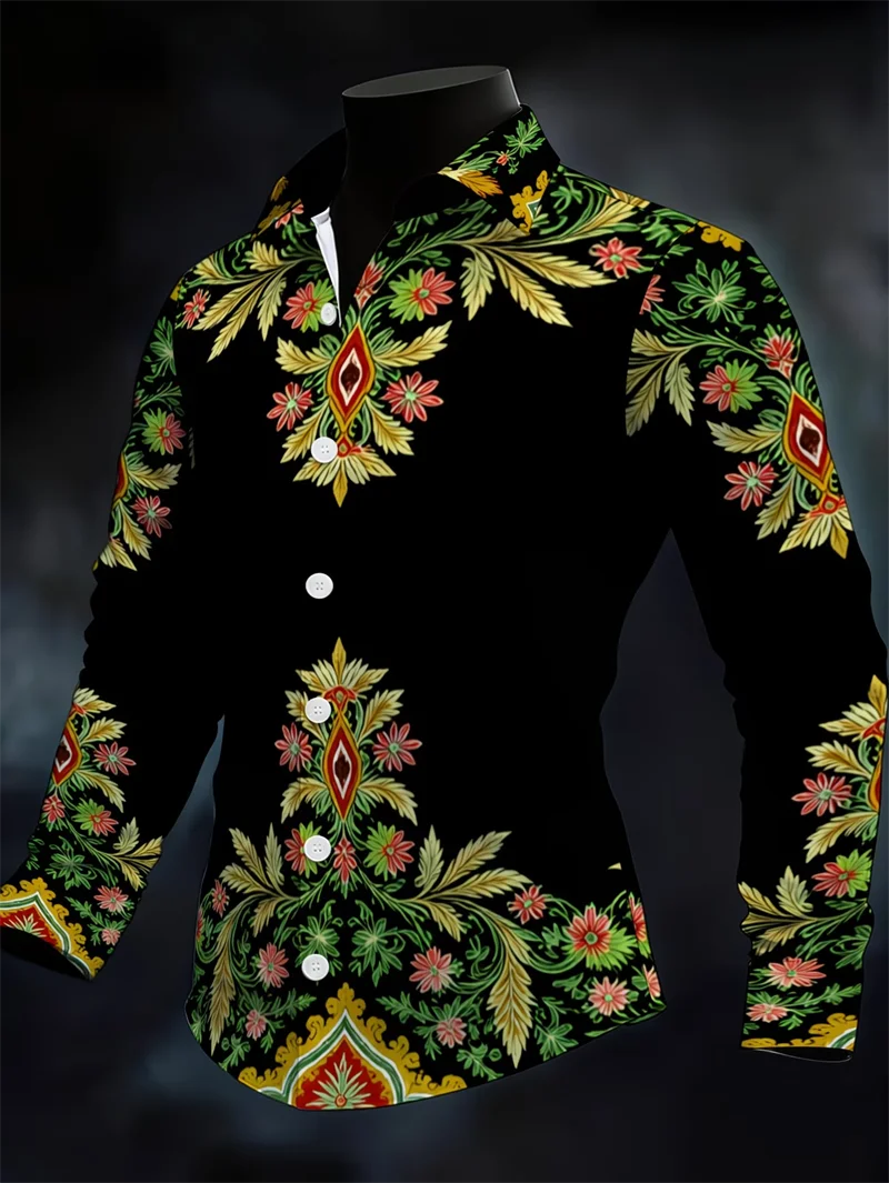 New men's 3D Printed Striped Long Sleeved Shirt With Clover Pattern  high-quality Casual Long Sleeved Top