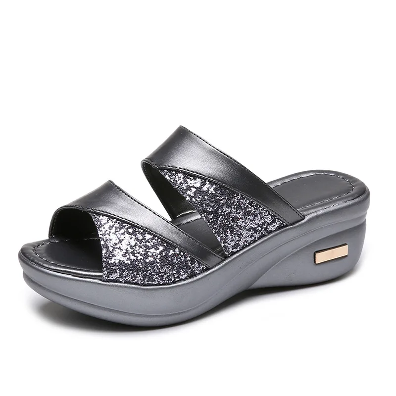 Pantoufles d\'été à paillettes pour femmes, chaussures à semelles PU décontractées, sandales confortables à plateforme, grande taille 34-44