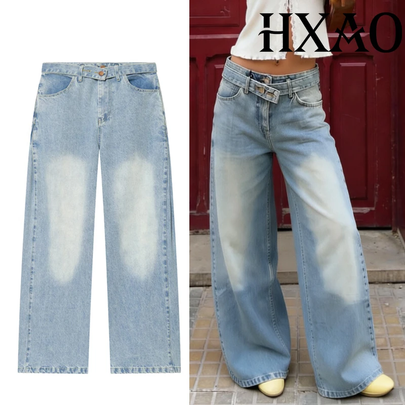 

HXAO Baggy Jeans Wide Pants Belt Y2K Blue Denim Pants Woman Streetwear Pleats Long Trousers Daliy Oversize Ladies Jeans Pants