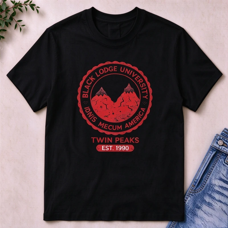 Twin Peaks Black Lodge University Tshirt Retro Circle Badge Graphic Tee Short Sleeve Gift for TV Series Lovers Cotton Unisex