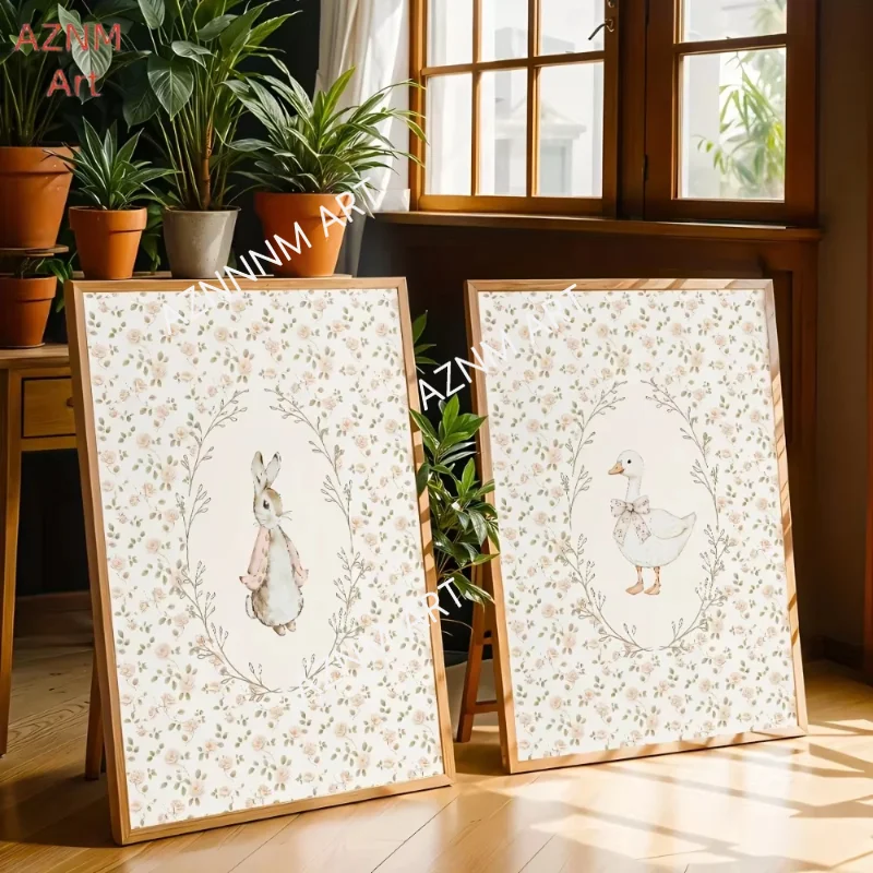 1/2Pcs Cute Rabbit and Silly Goose Nursery Poster,Farmhouse Pollen Red Canvas Art,Living Room Decor,Whimsical Design