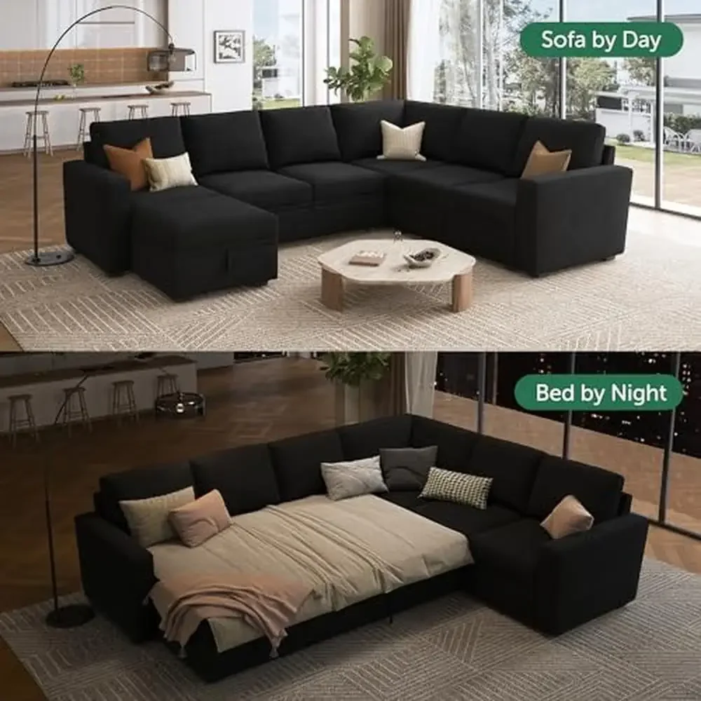 7-Seater Modular Sleeper Sofa with Pull-Out Bed & Storage Ottoman U-Shaped Velvet Sectional Couch Pet-Friendly & Easy Assembly image 5