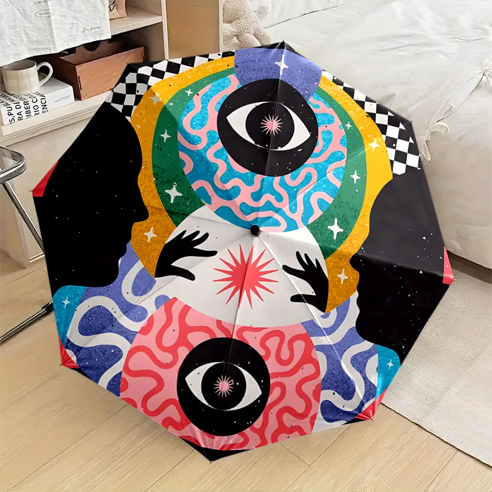 1PC Eye-Catching Artistic Umbrella with Vibrant Design Print 8 Iron Ribs Folding Umbrella Auto-Open Fashion Sunshade