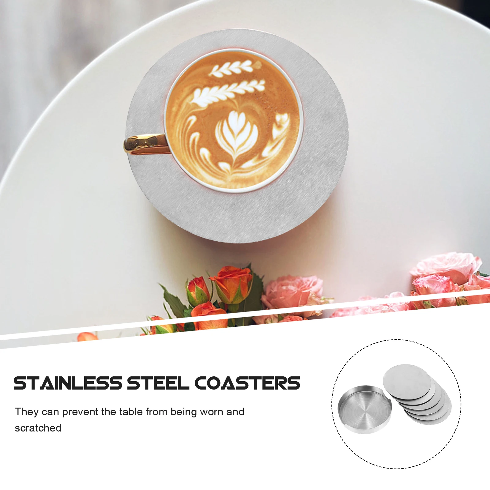 

1 set Insulated Coaster Set Stainless Steel Bowl Mats Table Protection Rust-Proof Cup Pads Storage Holder Round Drink Trays