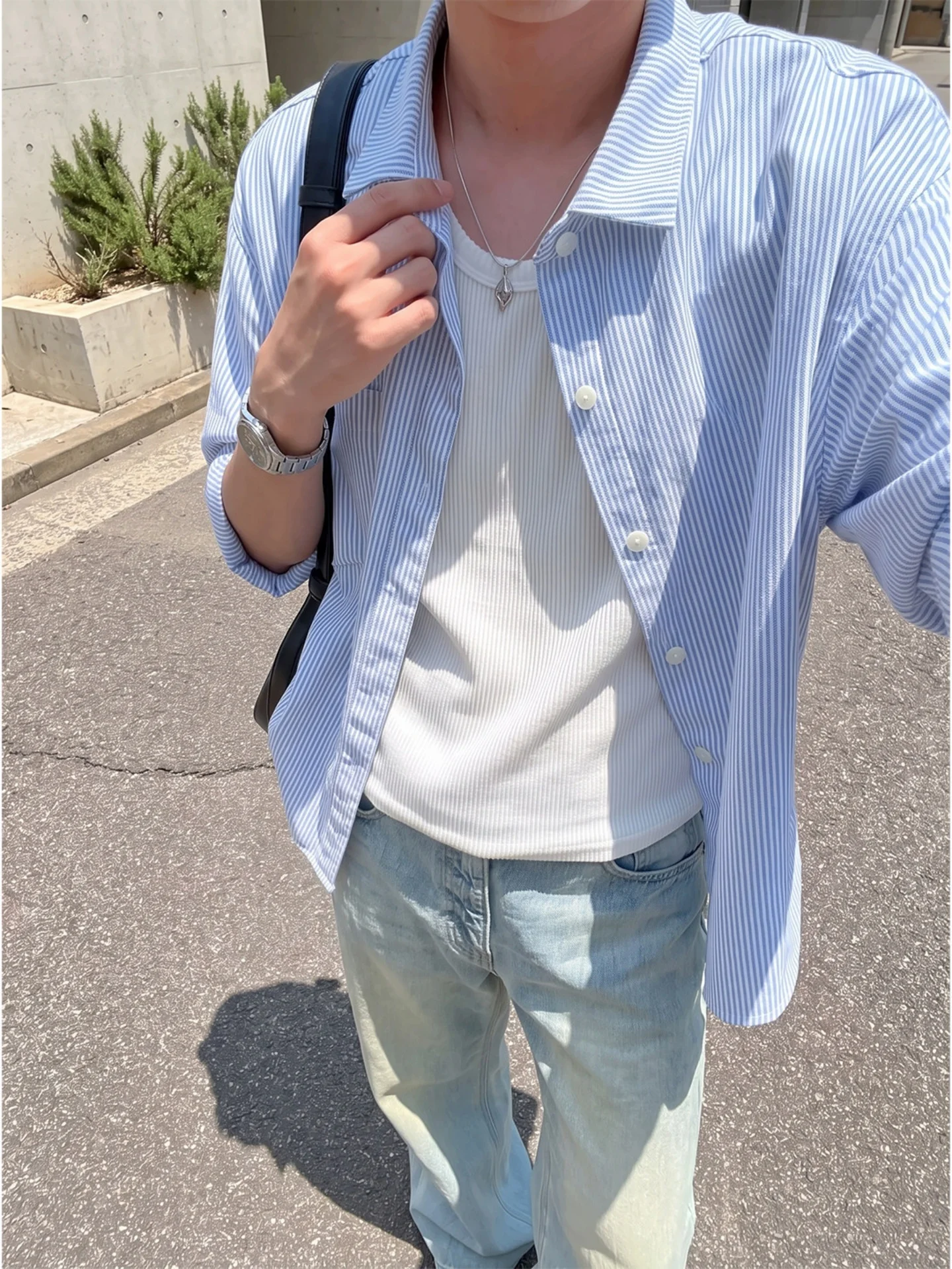 Cleanfit Blue White Striped Long Sleeve Men's Shirt Lazy American College Style Fall 2026 New Fashion Urban Casual Shirt Jacket
