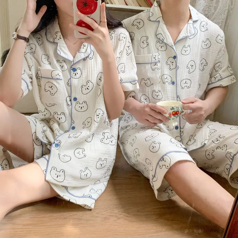 Ins cute bear cotton couple pajamas men and women summer short-sleeved shorts Korean version of homewear two-piece suit