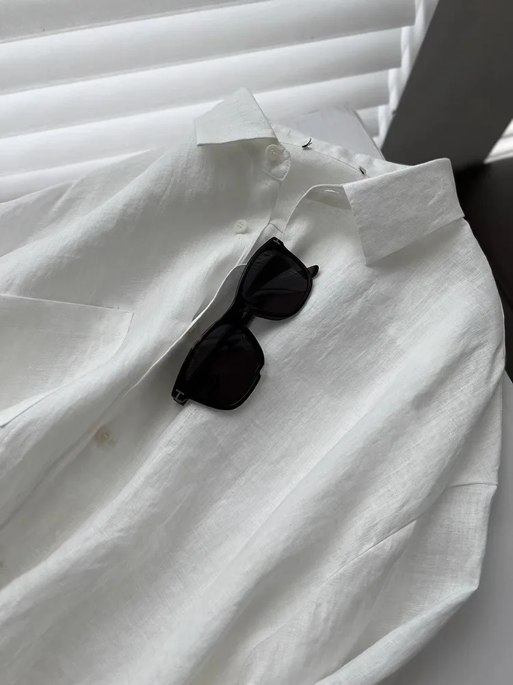 Biała koszula chroniąca przed słońcem, damska, letnia, cienka, luźna, lniana bluzka, oddychająca, długi rękaw, kołnierzyk, styl koreański.