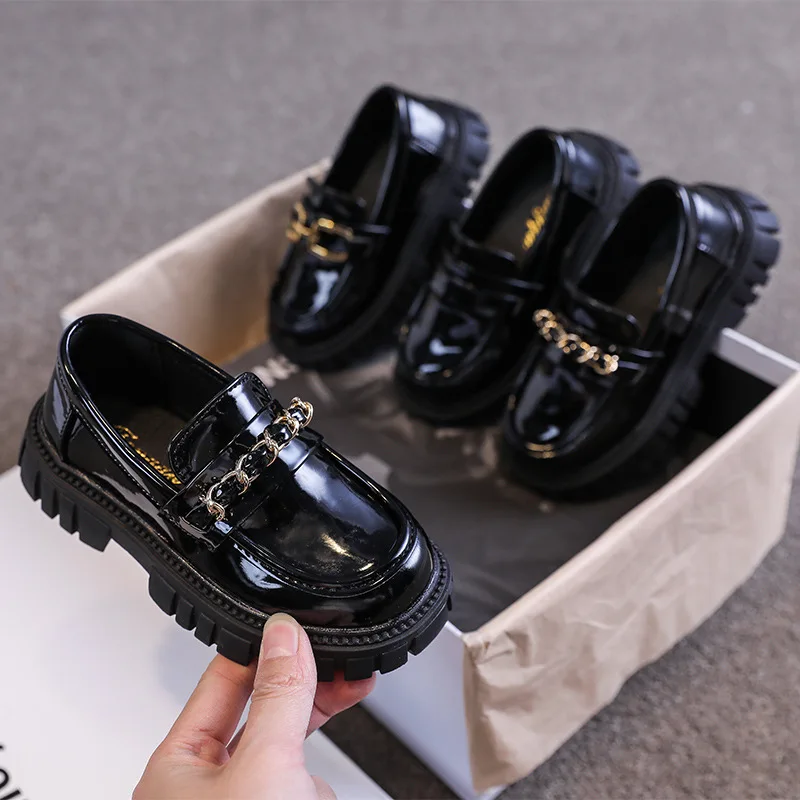 New Kid Black Leather Shoes School Dress Thick-Soled Shiny Shoes Girls Formal Versatile Shoes Children Non-Slip Casual Single