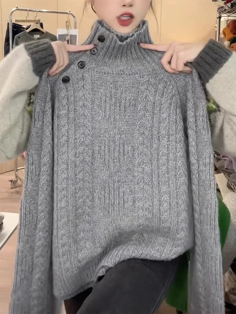 

Soft Cozy High Collar Sweater in ey with Diagonal Button Detail Loose Fit Knitted Top for Women Autumn Winter Large Size