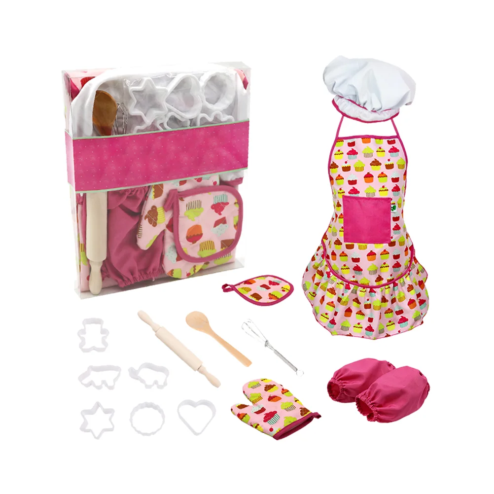 15 Pcs Kids Kitchenware Set Toy Girl Safe Wooden Chef Cosplay Costume Hat