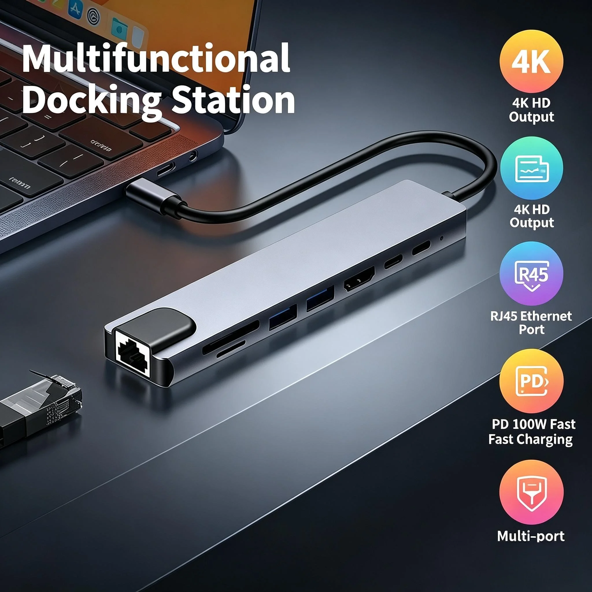 8-in-1 USB C Hub & Splitter with Thunderbolt 3 Gigabit RJ45 HDMI Docking Adapter for MacBook Air M1 IPad Pro Samsung Huawei