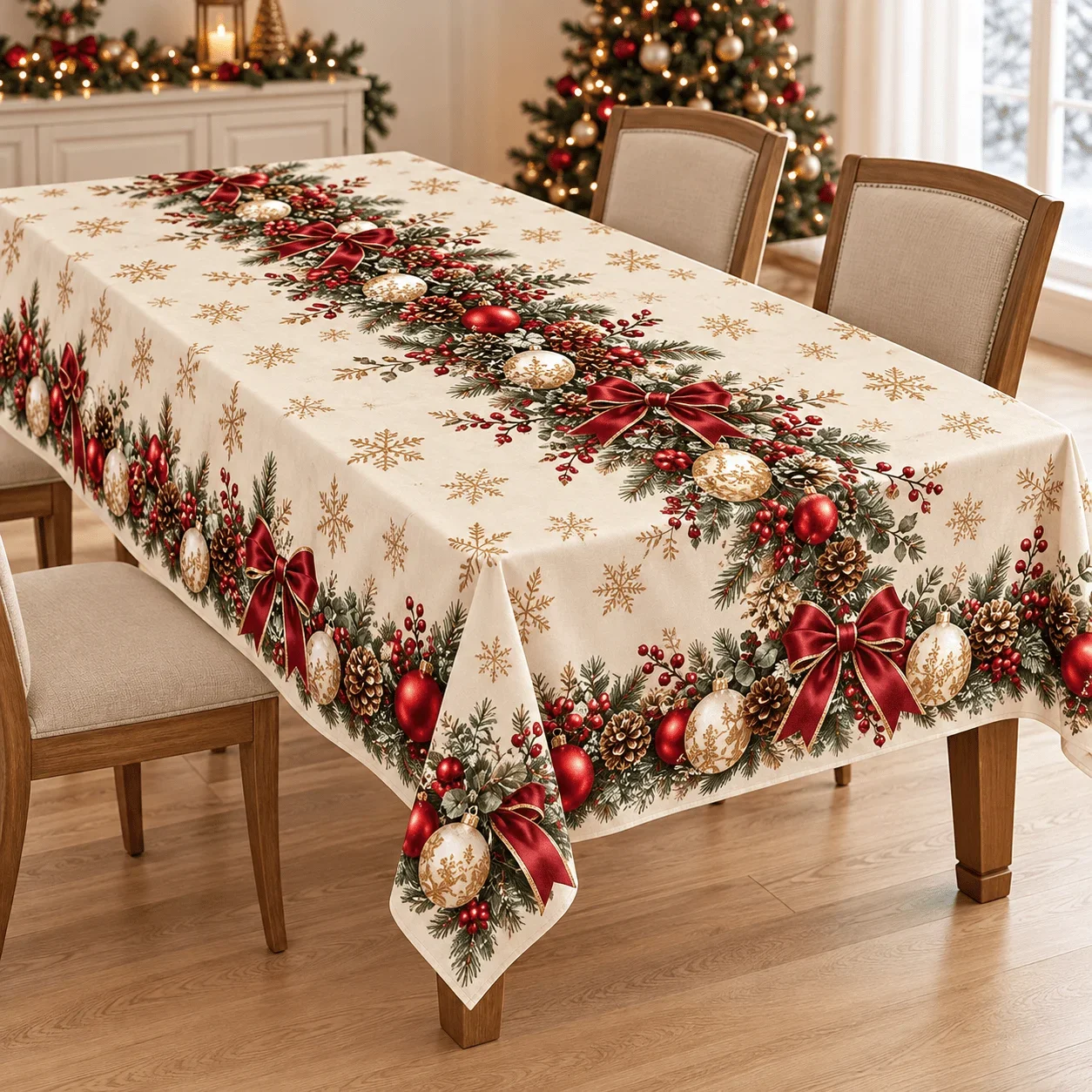 1 square tablecloth, cream white background with burgundy bow, pine cones, red gold hanging balls and snowflake print