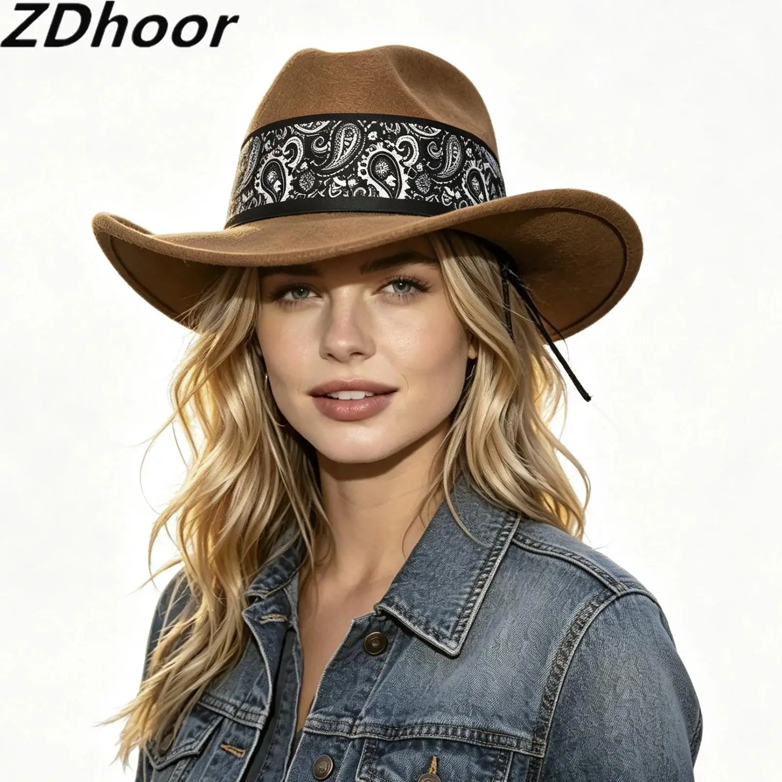 Unisex Men Women Western Cowboy Hat Unique Pattern Wide Brim Cap Costume Accessory for Party Travel Festivals