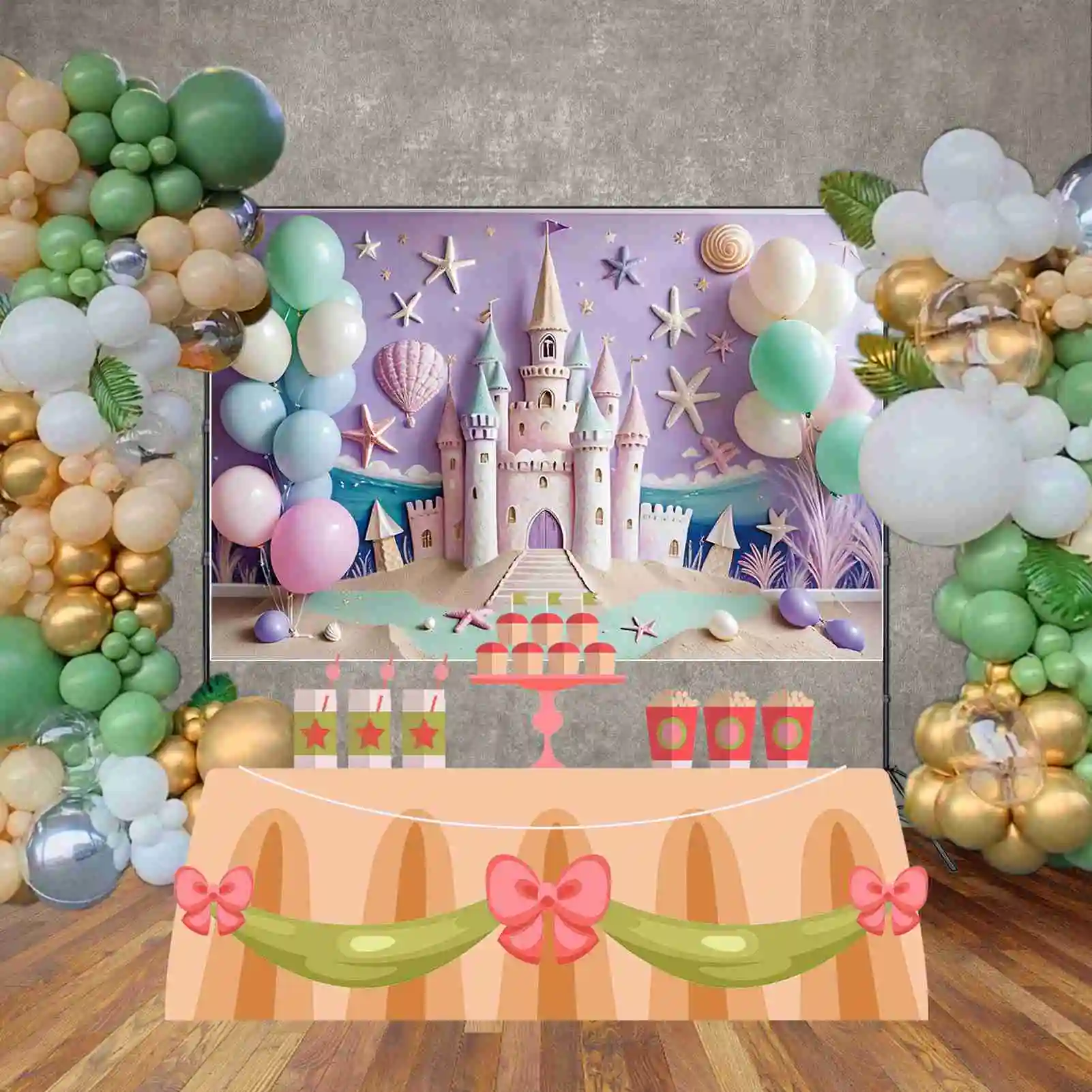 MOON.QG Sand Beach Castle Birthday Year Backgrounds Children Shell Balloon Starfish Backdrop Custom Party Photography Props