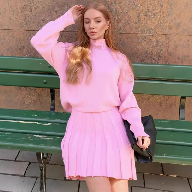 

Tornova Pleated Sweater Skirt Suit Female 2025 Autumn Winter Turtleneck Knitwear High Waist A-line Mini Skirt Casual Outfits