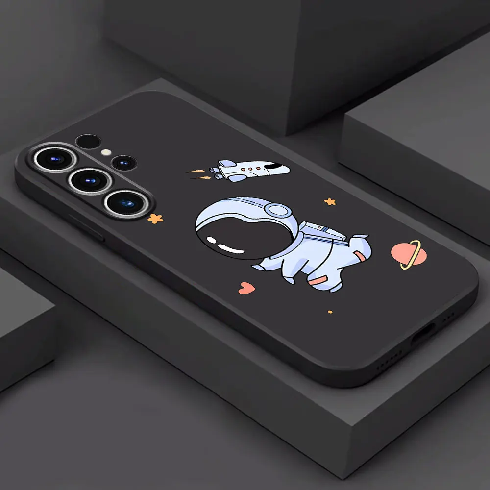 Cover Case for Samsung Galaxy S24 Ultra S21 5G S21 FE S22 Plus S23 Ultra S20 Shell Matte Cartoon Space Astronaut Black Soft