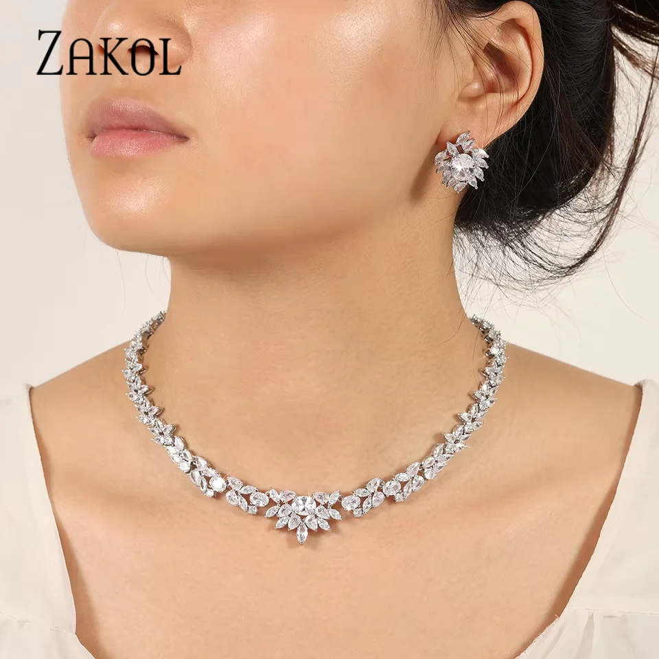 

Роскошные белые ювелирные наборы ZAKOL с цирконием в форме капли воды для женщин, блестящие серьги, комплект с ожерельем, свадебный подарок