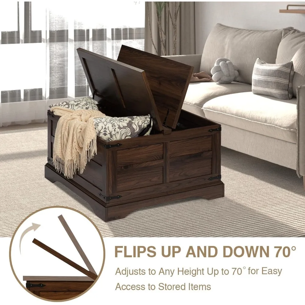 Farmhouse Coffee Table with Hinged Lift Top and Large Hidden Storage Compartment, Rustic Square Wood Central Table for Living R