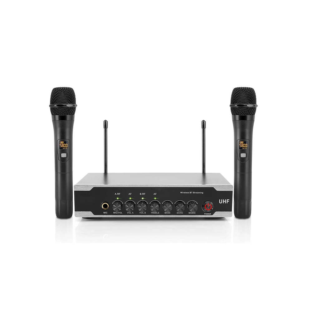 Portable Handheld Metal UHF Wireless 2-Channel Microphone System Dual BT USB/Auxiliary Connections 40-60M Range for PA Karaoke