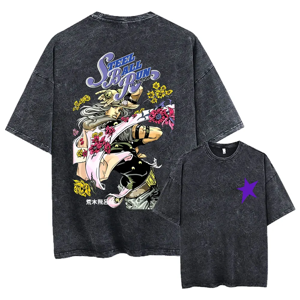 Anime Jojo Bizarre Adventure Steel Ball Run Vintage Washed T-shirt Gyro Zeppeli Print T Shirt Men Women Retro Oversized T-shirts