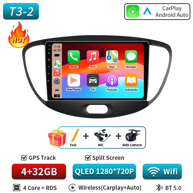 Android 16 CarPlay Auto 5G WIFI Autoradio Voor Hyundai i10 2007 2008 2009 2010 2011 2012 2013 GPS multimedia Spelerereo BT DVD