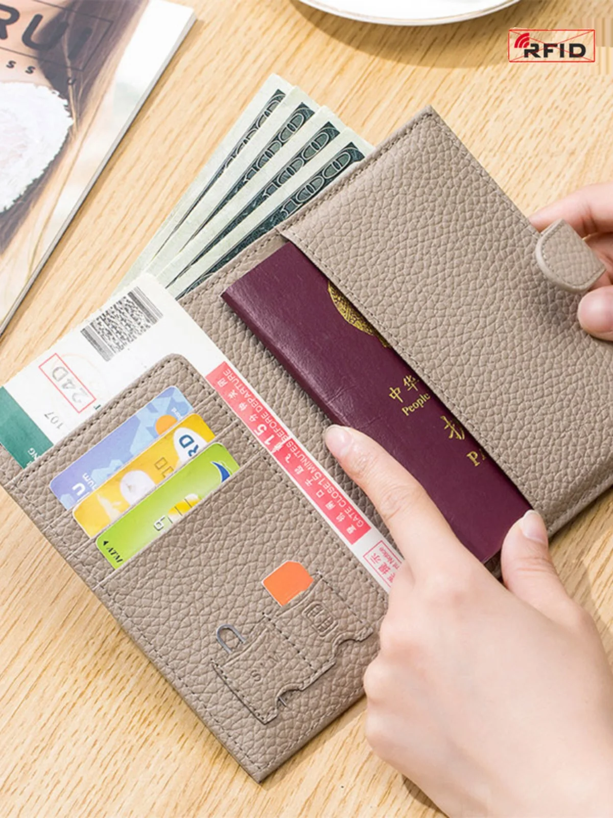 New Leather RFID Ultra-thin Passport Bag Multifunctional Wallet Ticket Clip Passport Document Wallet Solid Color Storage Bag