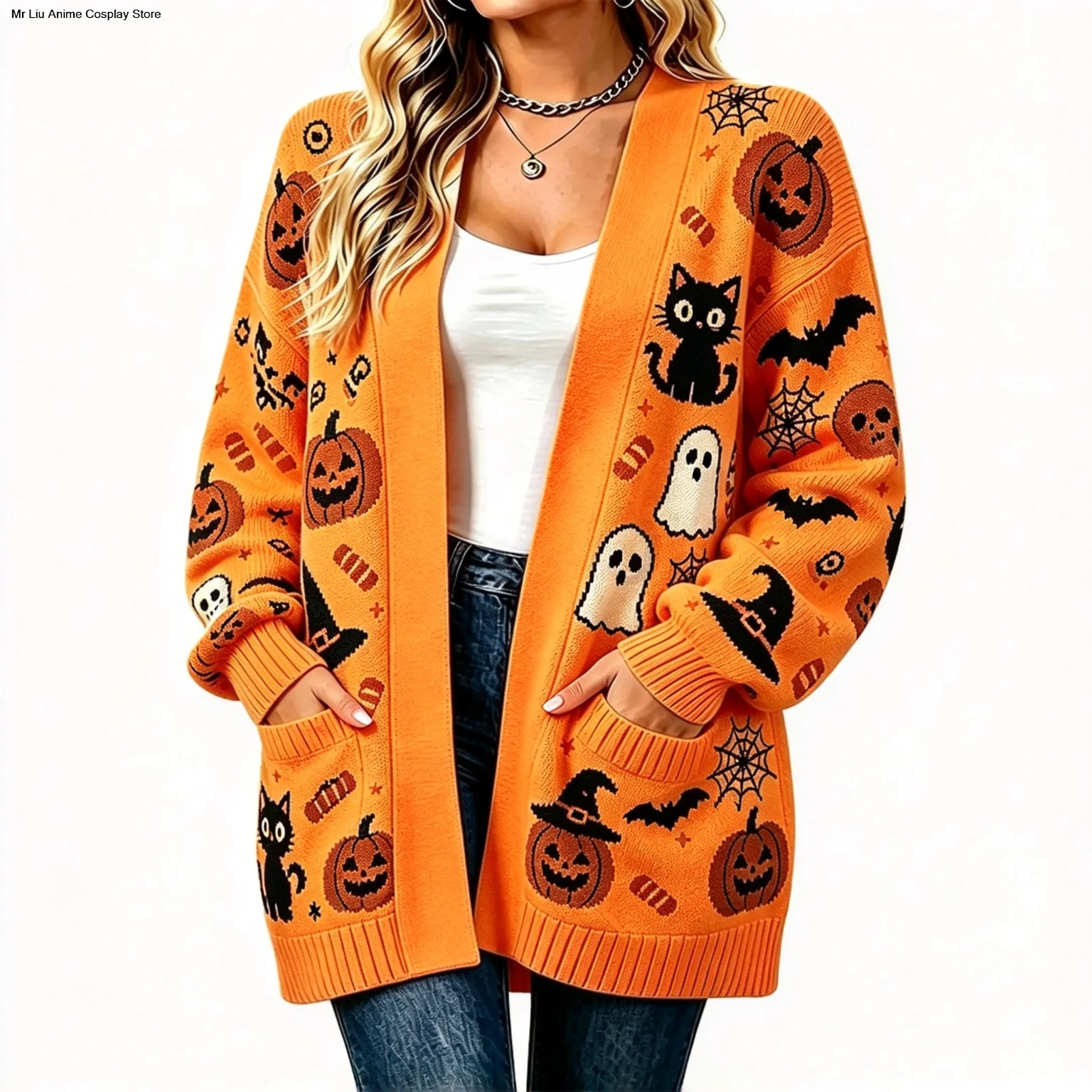 Casual Halloween Pumpkin Ghost Black Cat Bat Knit Cardigan Long Sleeve Open Front Sweater with Pockets Women Loose Outfits