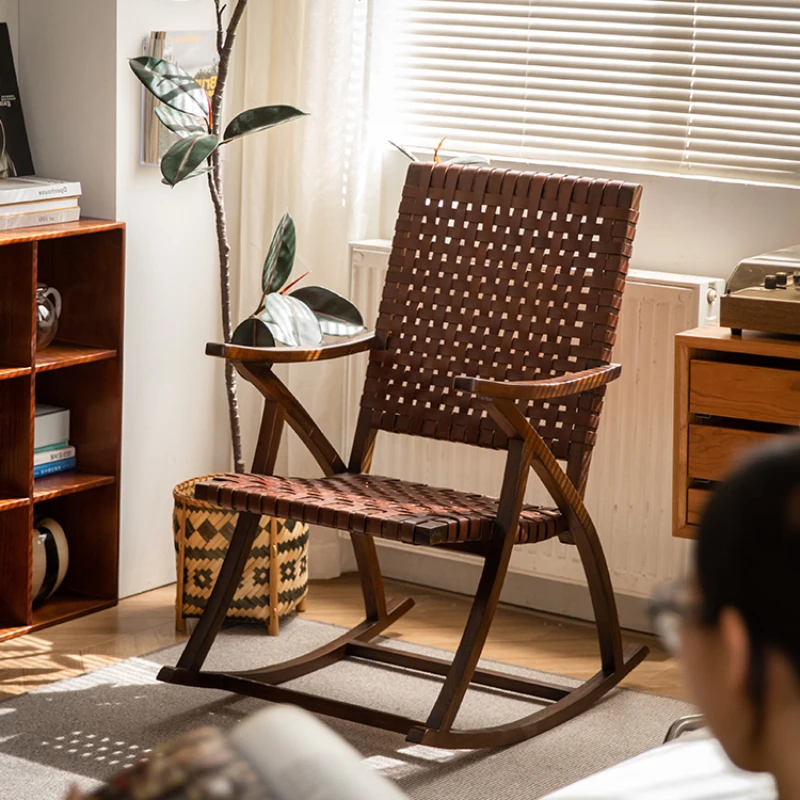 Solid wood rocking chair teak cowhide living room lounge chair balcony home armchair