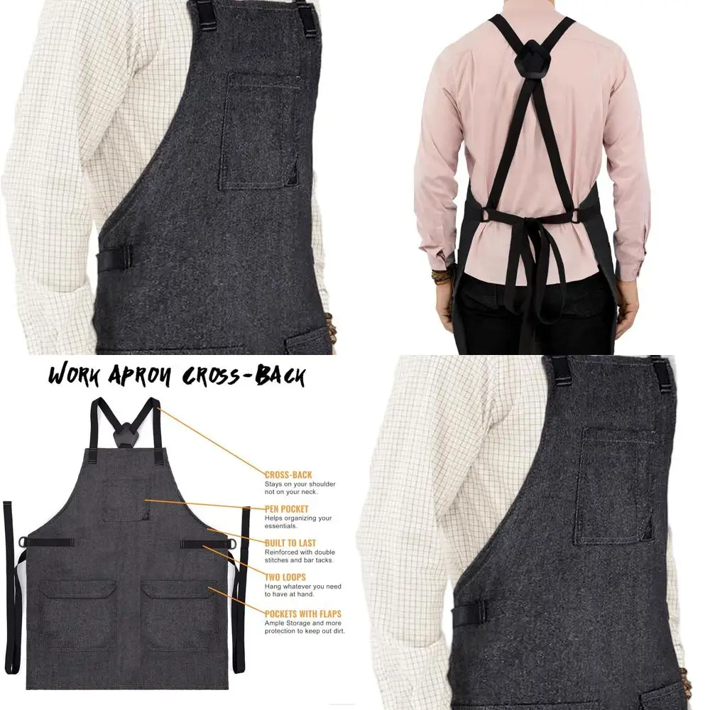 

Adjustable Cross-back Apron with 3 Pockets & Towel Loops for Men & Women - Ideal for Chefs, Servers, and Bakers - Black Denim