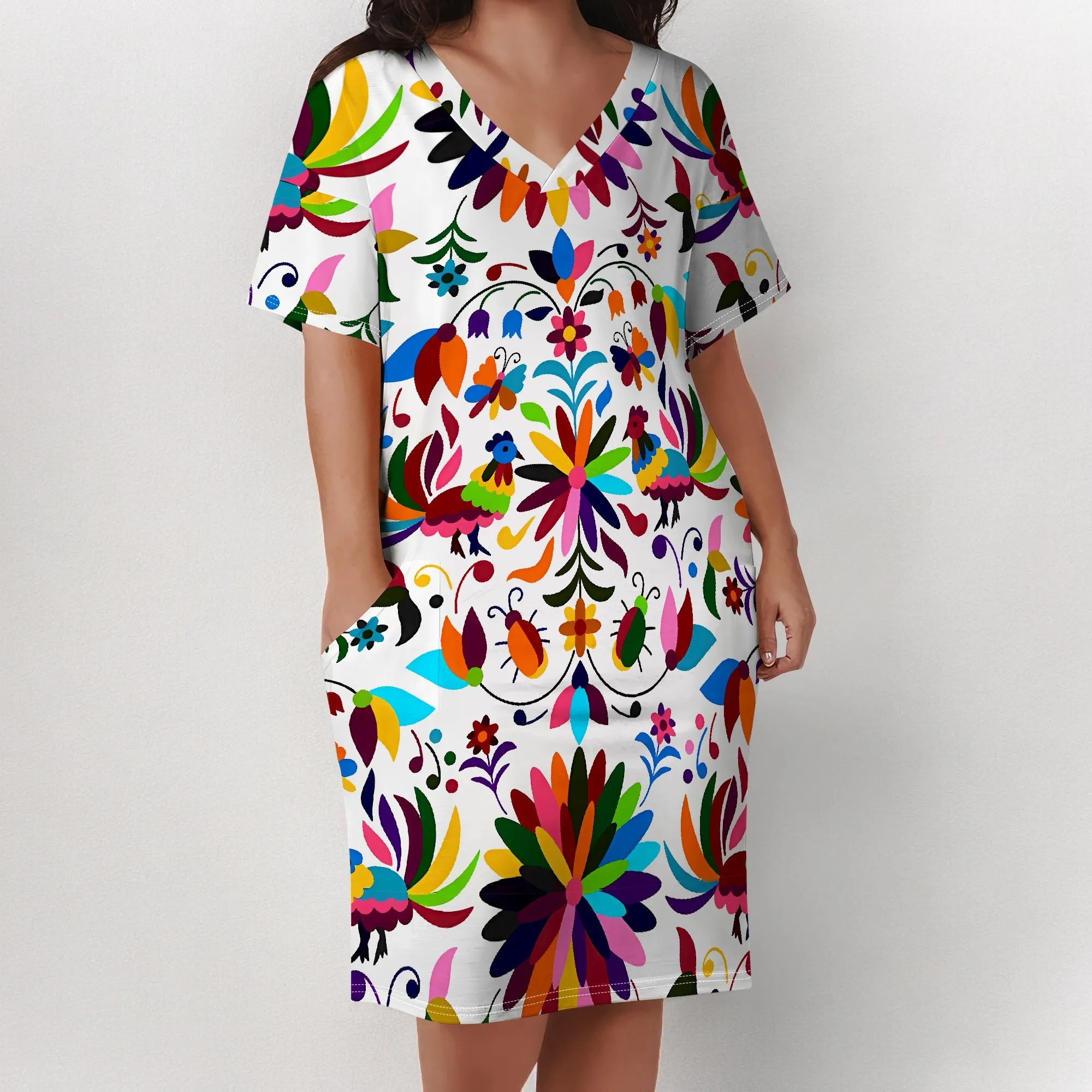 Plus Size Mexican Style V Neck Dress for Women Colorful Floral Print Casual Summer Party Dress