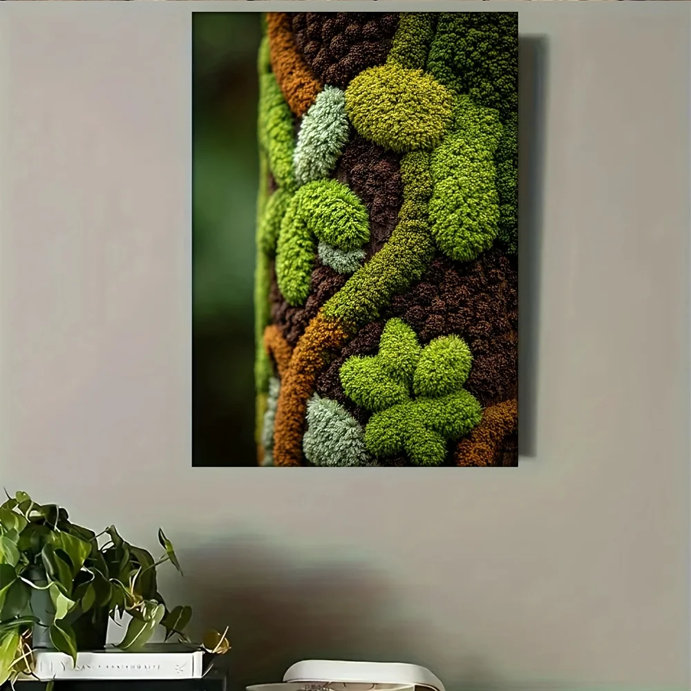 (No frame)Mossy Log, Green Fuzzy Shapes Covering a Brown Cylindrical Abstract12x16 Inch 2D Flat 1pc with Frame, 2D Flat