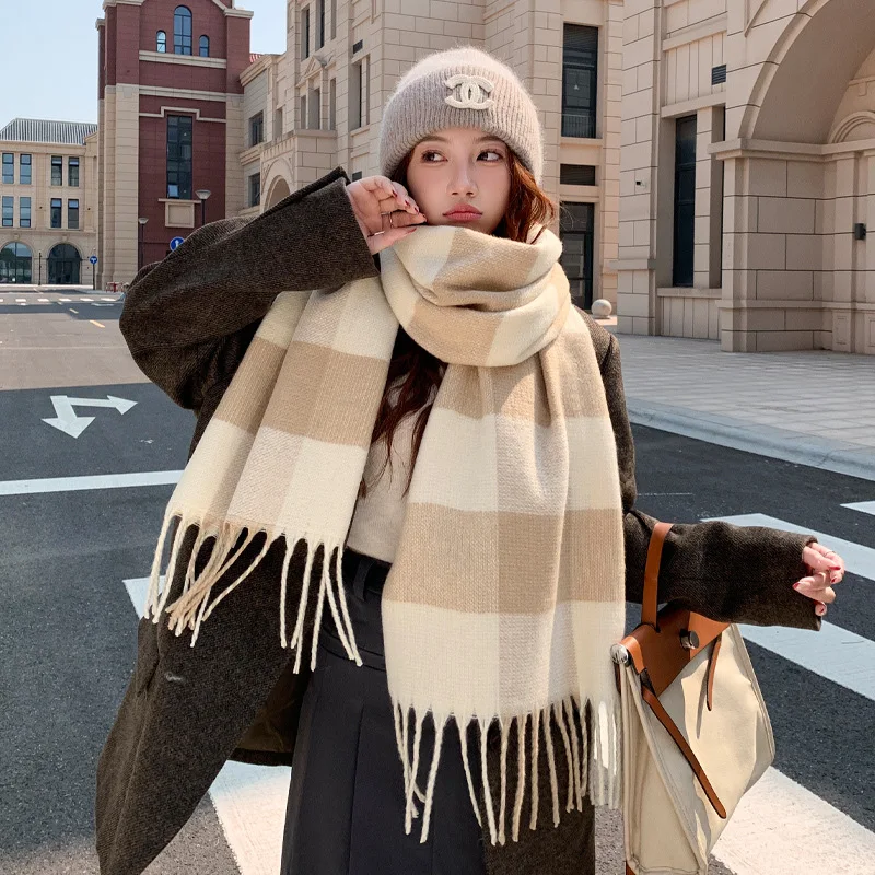 Blue men's plaid scarf warm and versatile autumn and winter student couple Korean long tassel scarf for girls
