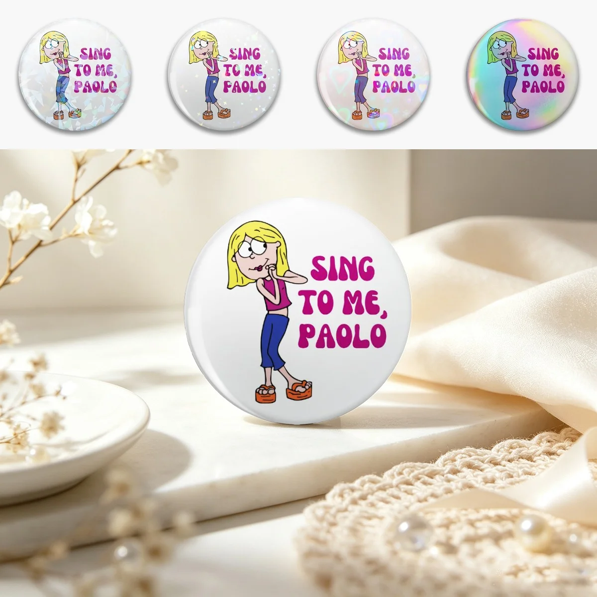 Sing To Me Paolo, Lizzie McGuire Pin Holographic Star Heart Pin Brooches Laminated Button Fashion Accessory