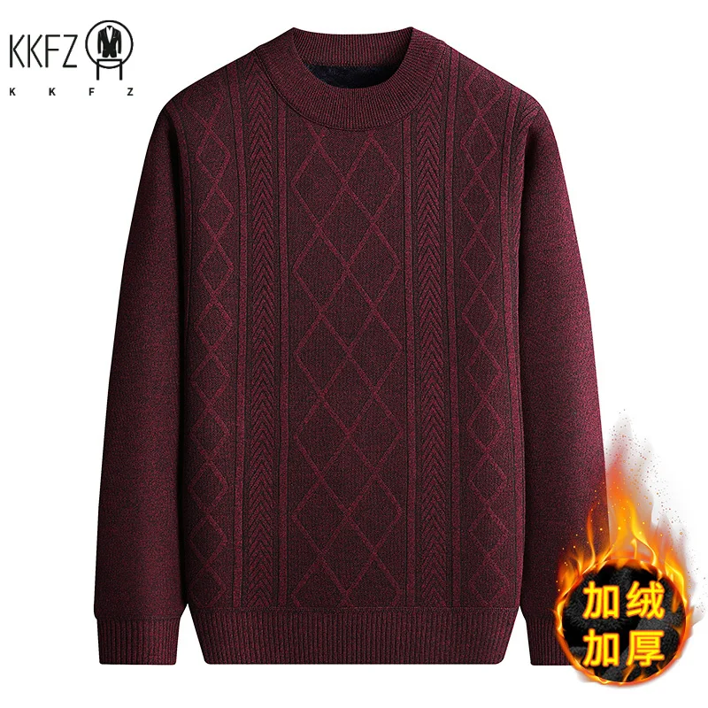 Thickened Fleece Crew Neck Men Jumper Stereo Diamond Woven Texture Soft Fabric Family Gathering Outdoor Warm Pullover