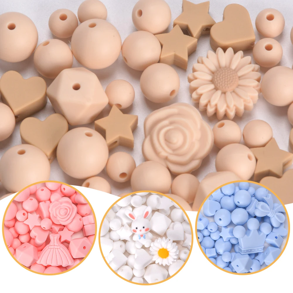 

LOFCA 49pcs BPA Free Soft Silicone Flower Focal Round Mixed Teething Beads Set For DIY Bracelet Necklace Jewelry Accessories