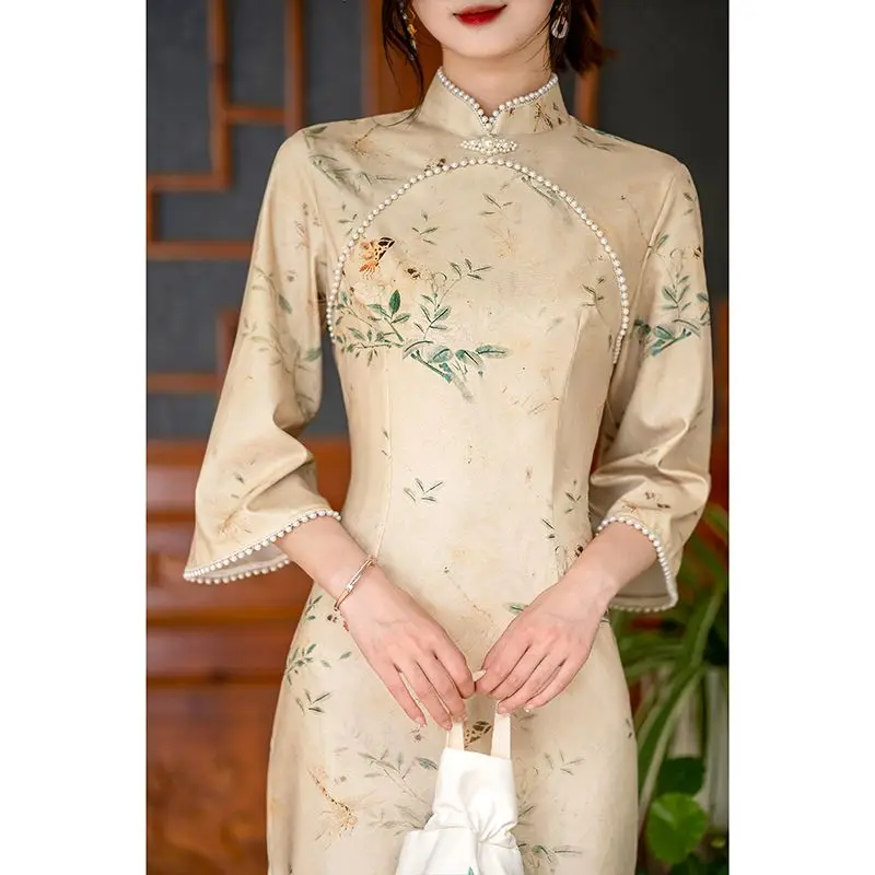 

Chinese Vintage Qipao Dress Young Long Cheongsam Autumn Winter 3/4 Sleeves Floral Slim Show Costume Plus Size