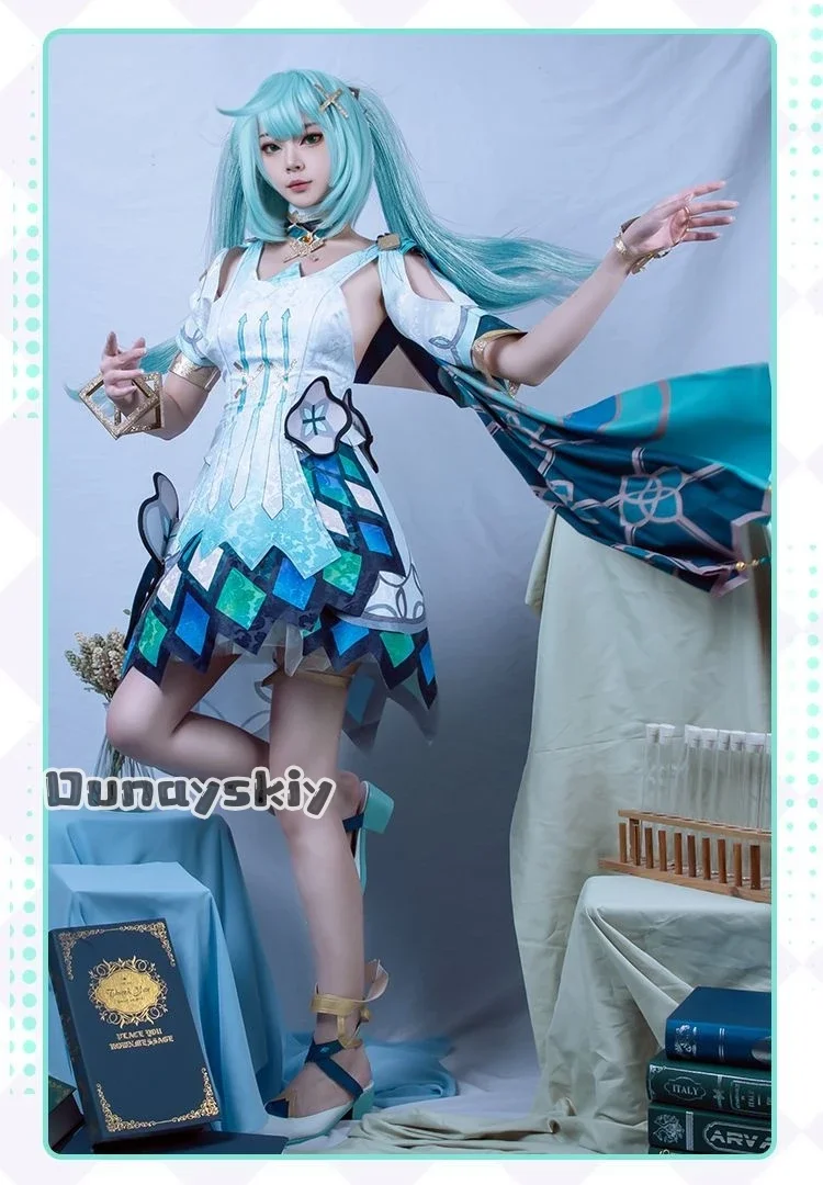 

CosplayWomen Game Genshin Impact Costume Wig Blue With Double Tail Heat Resistant Synthetic Hair Suit Dress Full Set Faruzan Cos