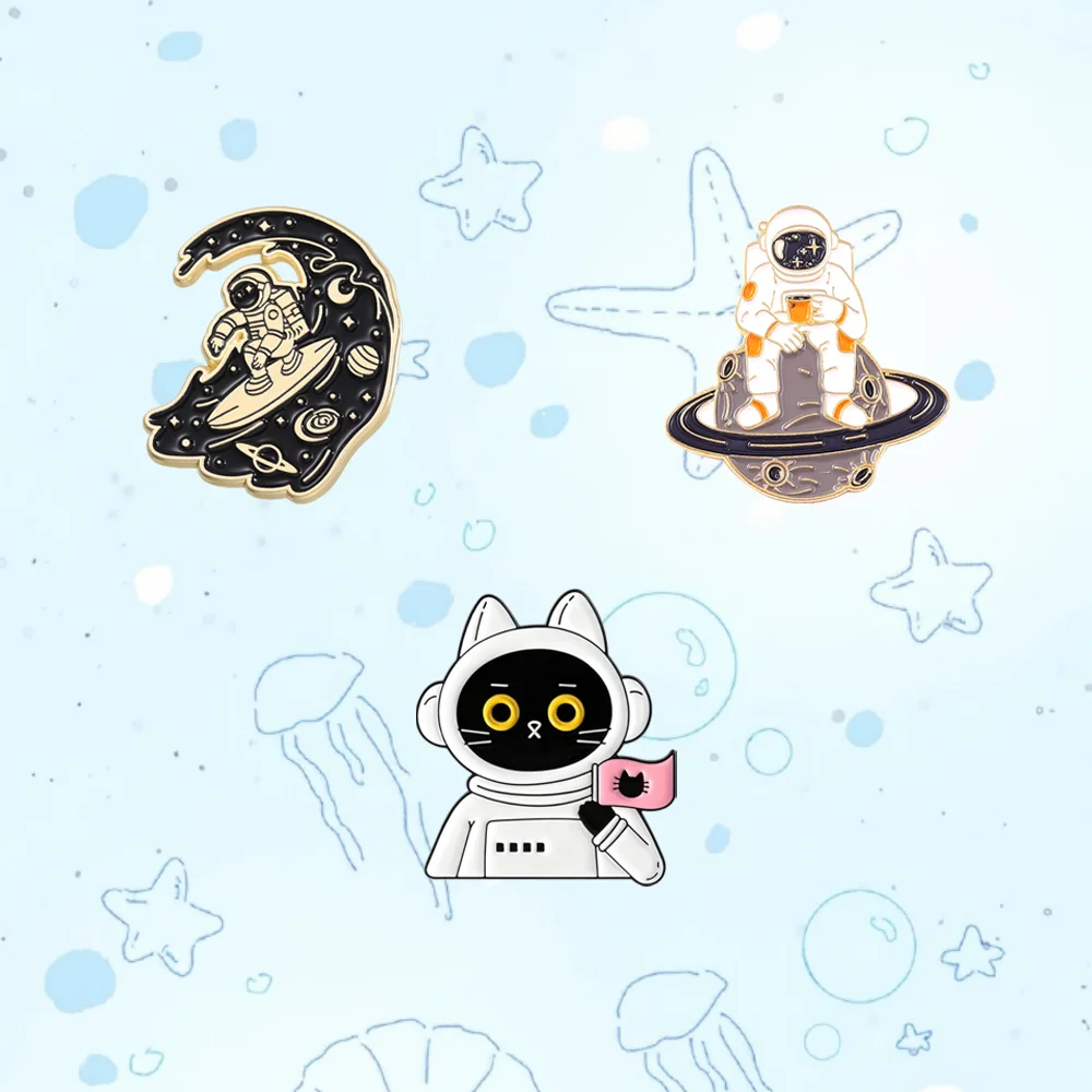 Astronaut Rocket Surfing Enamel Pin Space Astronaut Cat Collar Brooch Accessory Metal Badge Jewelry Gift For Children And Friend