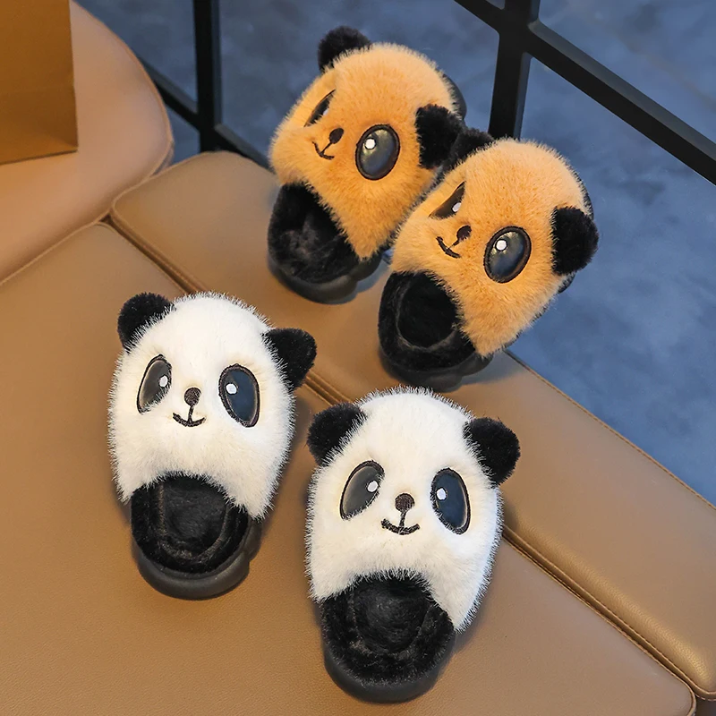 New Winter Warm Cute Cartoon Panda Indoor Mule Soft Non-slip Kids Fluffy Slippers For Boys And Girls Children Home Cotton Shoes