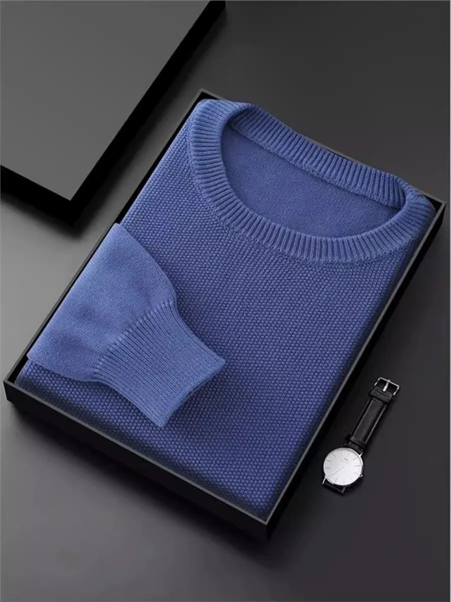 

Мужской свитер из чистого хлопка с круглым вырезом и длинными рукавами, осенне-зимний, новый, повседневный, комфортный, однотонный.