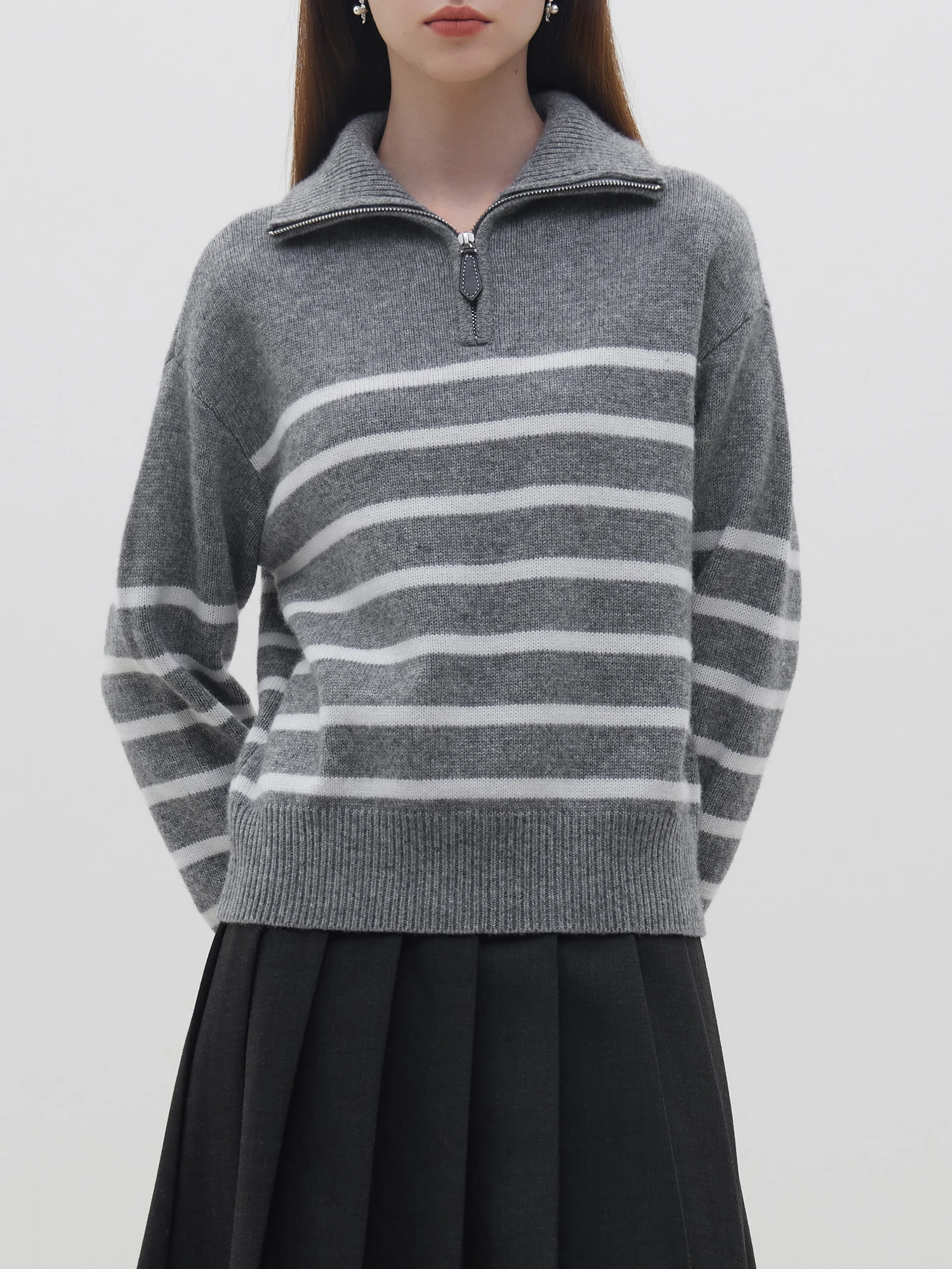 

FSLE Women Stripe Pullover Sweater Zipper Placket Grey Turn-down Collar Sweater Casual Round Neck Drop Sleeve Knit Top 23FS14606