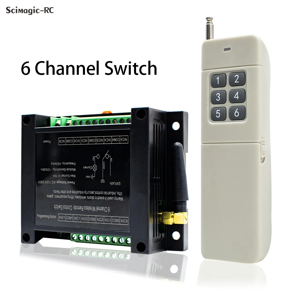 Wide Voltage Industrial Remote Control Switch AC100-256V 6-way Remote Controller Switch 6 Channel Power Box Controller 433MHz