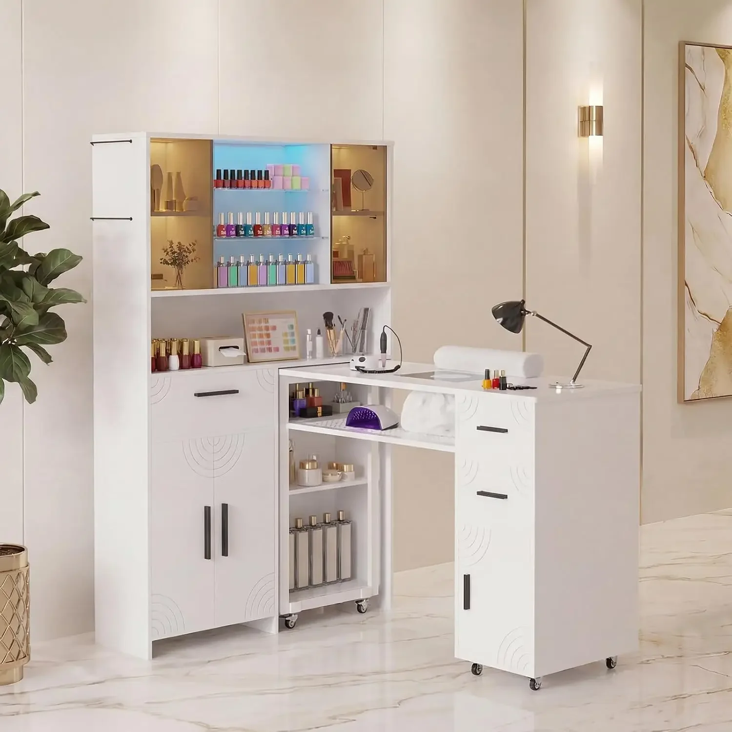 Manicure Table with LED Display Cabinet, Mobile Nail Tech Desk Built-in Dust Collector, Nail Station with Double Tabletop, 3 Adj