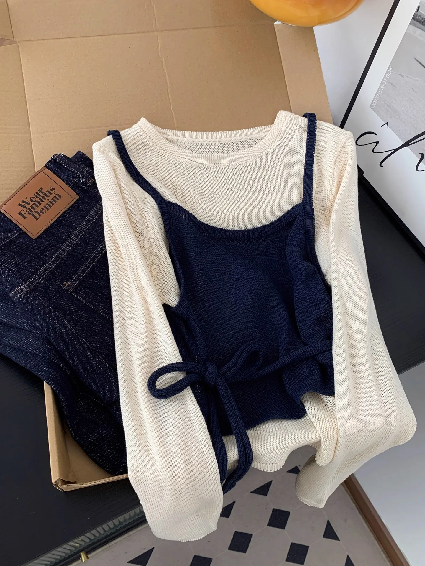 韓国 Sle ベルト付きパッチワークニットウェア女性の秋のデザイン超美しいトレンディなウエストシェイプロング Sve トップ