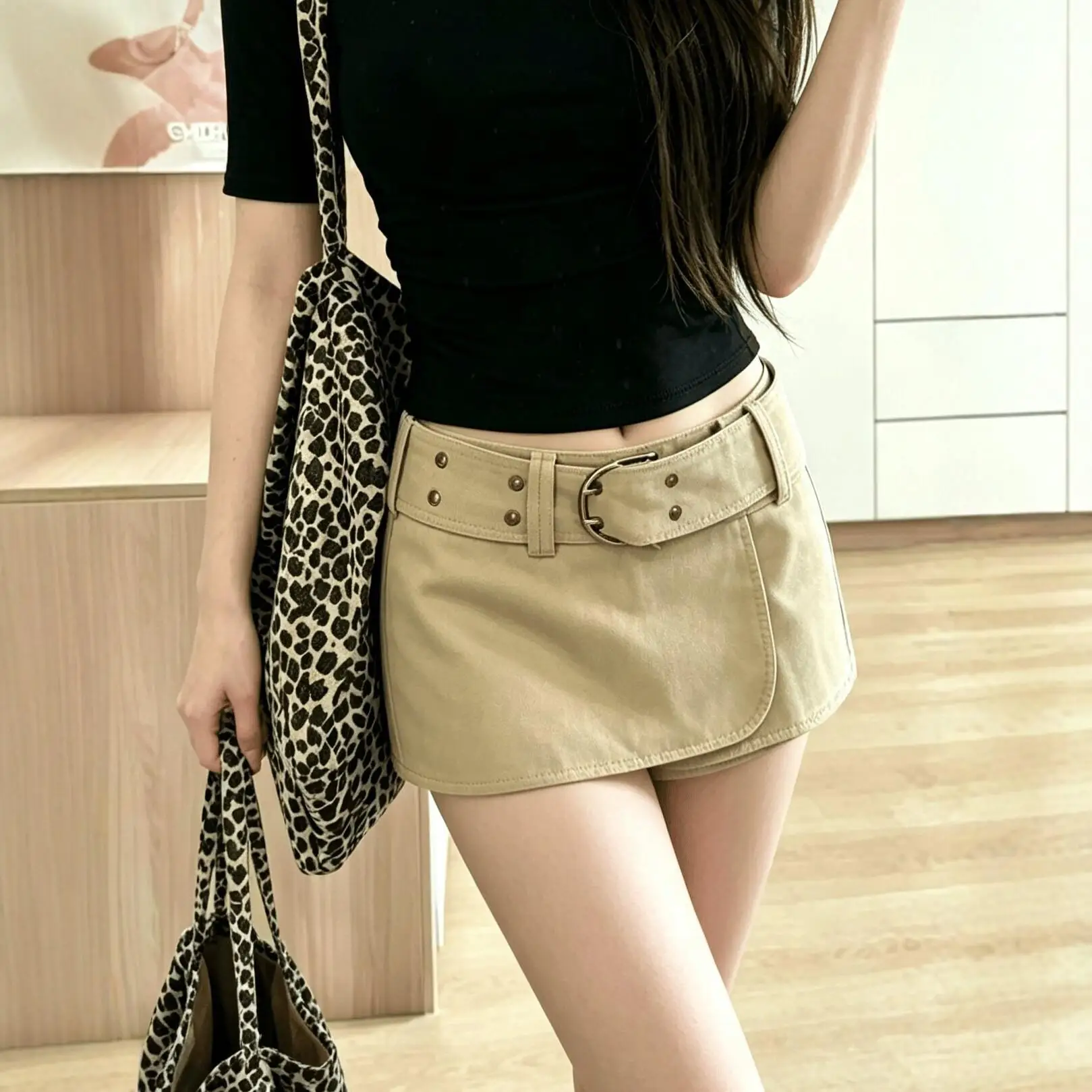 Retro Khaki Cargo Short Skirt Women's Summer New Spice Girl A-word Culottes
